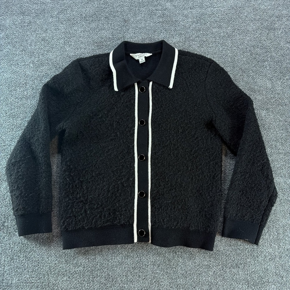 Standard Surplus Black Boucle Knit Collared Cardigan M Fall Work Outfit Office
